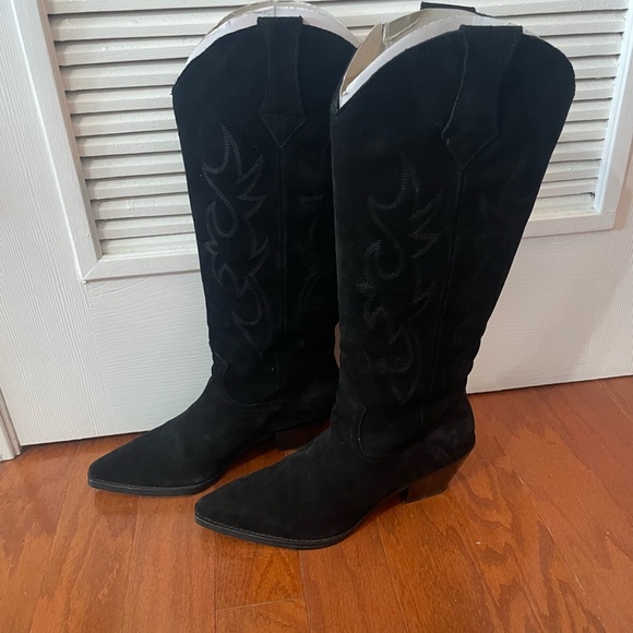 Zara Black Suede Knee-High Cowboy Boots - Picture 3 of 7